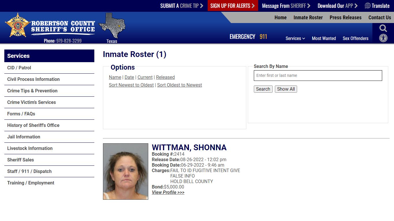 Released Inmates Booking Date Descending - Robertson County TX Sheriff