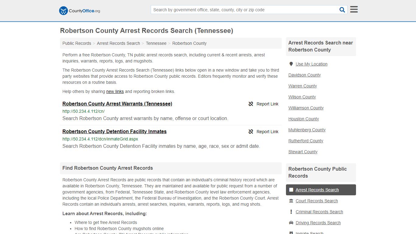 Robertson County Arrest Records Search (Tennessee) - County Office